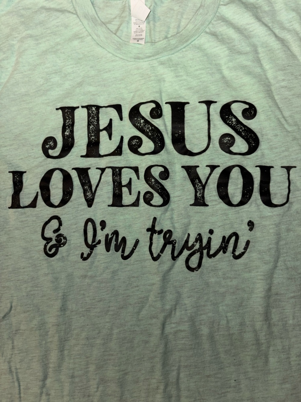 3/$15! Women’s MED Bella Canvas Soft Mint Green Tee Jesus Loves You & I’m Trying - Picture 2 of 3